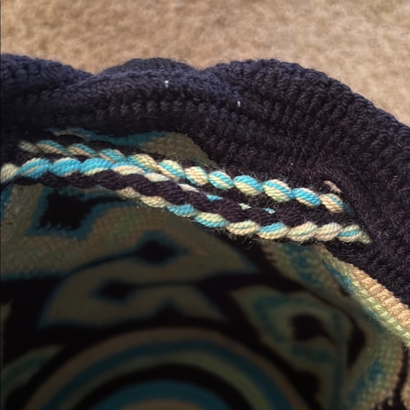 Handmade Woven Bucket Bag w/Strap & Handles - Tassels Navy Turquoise Mint Tan - Picture 14 of 15